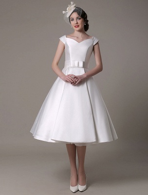 Ivory Wedding Dresses 2021 Short Satin Knee Length Bow Sash Retro Bridal Dress Exclusive_5