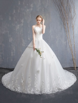 Lace Wedding Dresses Ivory Strapless Sleeveless Applique Princess Bridal Gown With Train_3