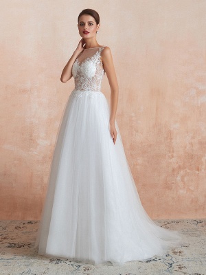 Wedding Dress 2021 A Line Sleeveless Lace Floor Length Tulle Bridal Gowns With Train_2