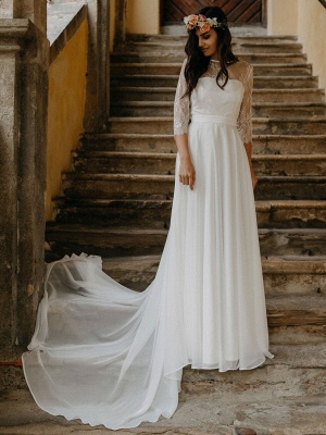 Weißes einfaches Hochzeitskleid Spitze Jewel Neck Half Sleeves Backless A-Line Spitze Chiffon Lange Brautkleider_1
