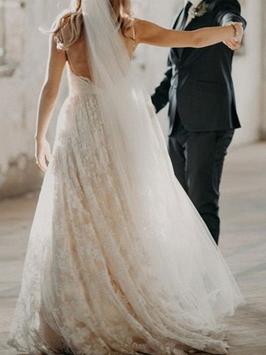 Wedding Dress Court Train A-Line Spaghetti Straps Sleeveless Lace V-Neck Backless Ivory Bridal Gowns_3