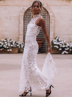 Boho Wedding Dress 2021 Sheath High Neck Sleeveless Floor Length Bridal Gown_2