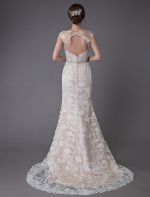 Robe de mariée en dentelle Champagne bijou sans manches dos nu robe de mariée sirène plage avec train exclusif_7