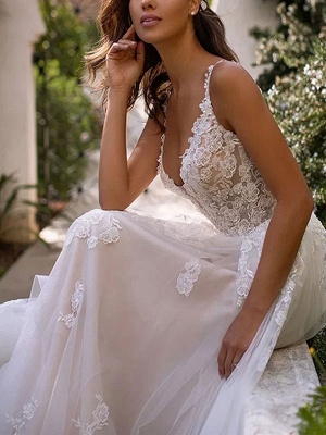 Wedding Dresses A Line V Neck Sleeveless Lace Appliqued Bridal Gowns With Train_3