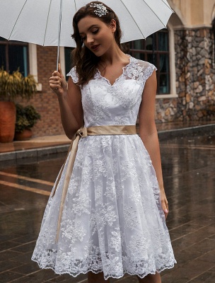 Vestido de novia Blanco crudo Hasta la rodilla Una línea Sin mangas Encaje Cuello en V Vestidos de novia midi_1