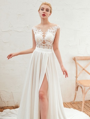 Wedding Dress 2021 V Neck Sleeveless A Line Split Chiffon Beach Bridal Gowns With Train_3