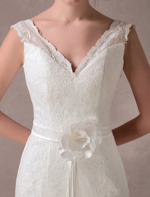 Robes de mariée sirène dentelle col en V fleur ceinture robe de mariée ivoire avec train exclusif_7