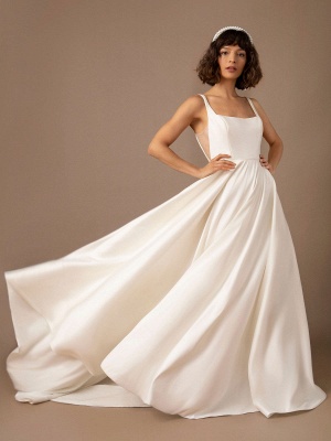 Simple Wedding Dress With Train Satin Fabric Strapless Sleeveless Pockets A-Line Bridal Gowns_1