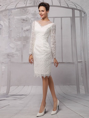Simple Wedding Dresses 2021 Short Long Sleeve Illusion Neckline Koyhole Knee Length Sheath Bridal Dress Exclusive_3