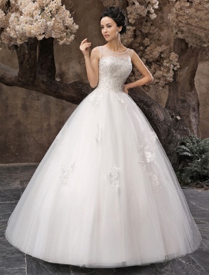 White Ball Gown Jewel Neck Beading Floor-Length Bridal Wedding Dress_1