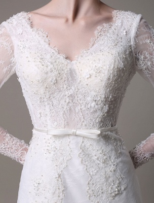 Vestido de novia de encaje vintage 2021 Una línea con mangas largas Apliques de perlas y cola de capilla_7