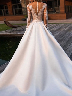 Wedding Dress Princess Silhouette Jewel Neck Long Sleeves Natural Waist Lace Satin Fabric Bridal Dresses_2