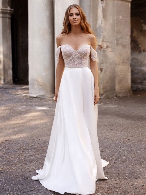 Vestido de novia blanco simple Tela de satén Sin tirantes Sin mangas Corte A-Line Fuera del hombro Vestidos de novia largos_1