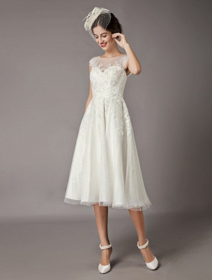 Vintage Wedding Dresses Short Lace Tulle Sequin Tea Length Ivory Bridal Dress_2