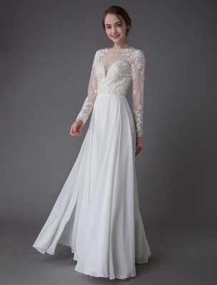 Boho Wedding Dresses Chiffon Jewel Long Sleeve Pleated A Line Beach Bridal Gowns Exclusive_5