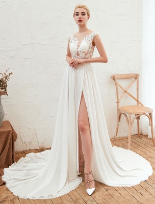 Wedding Dress 2021 V Neck Sleeveless A Line Split Chiffon Beach Bridal Gowns With Train_8