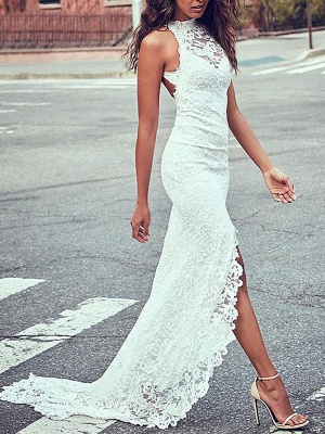 Boho Wedding Dress Mermaid High Cpllar Halter Sleeveless With Train Split Lace Bridal Dress_2