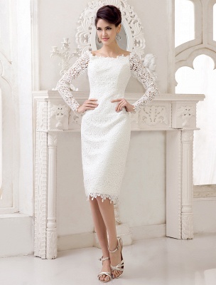 Short Simple Wedding Dresses 2021 Lace Long Sleeve Slit Ivory Knee Length Bridal Reception Dress Exclusive_1