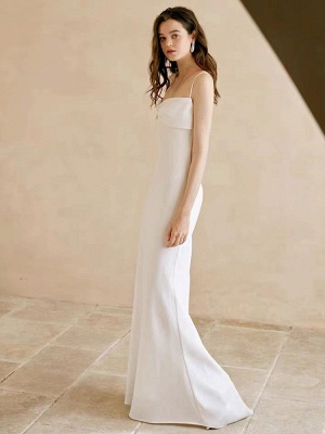 White Simple Wedding Dress Polyester Designed Neckline Spaghetti Straps Bows Polyester Sheath Floor-Length Bridal Dresses_2