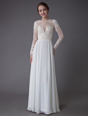 Boho Wedding Dresses Chiffon Jewel Long Sleeve Pleated A Line Beach Bridal Gowns Exclusive_4