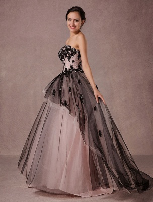 Robe de mariée noire dentelle Tulle train chapelle robe de mariée sans bretelles chérie A-ligne luxe princesse robe de reconstitution historique_4