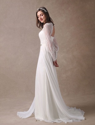 White Wedding Dresses Long Sleeve Lace Chiffon Beading Sash Illusion Beach Bridal Dress With Train Exclusive_4