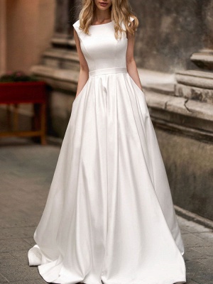 Vintage Wedding Dress 2021 A Line Bateau Neck Sleeveless Floor Length Satin Bridal Gown_1