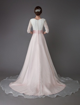Wedding Dresses Pink V Neck Half Sleeve Pleated A Line Bridal Gown With Train Exclusive_8