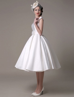 Ivory Wedding Dresses 2021 Short Satin Knee Length Bow Sash Retro Bridal Dress Exclusive_8