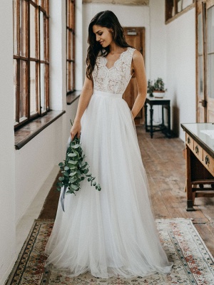 Simple Wedding Dress Tulle A Line V Neck Sleeveless Lace Floor Length ...
