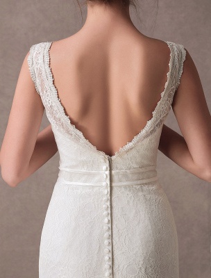 Robes de mariée sirène dentelle col en V fleur ceinture robe de mariée ivoire avec train exclusif_8