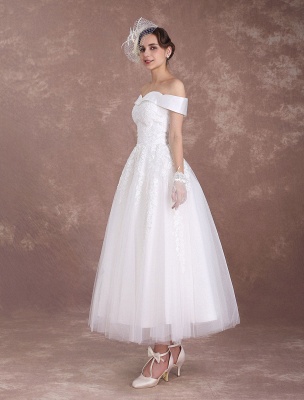 Short Wedding Dresses Off The Shoulder Vintage Bridal Dress 1950'S Lace Applique Tulle Tea Length Ivory Wedding Reception Dress Exclusive_5