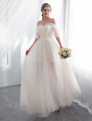 Ivory Wedding Dresses Off Shoulder Half Sleeve Tulle Beach Bridal Dress With Train_5