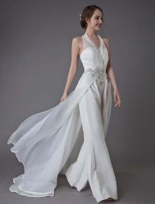 Ivory Wedding Jumpsuits Halter V Neck Rhinestones Backless Culottes Bridal Dress Exclusive_4