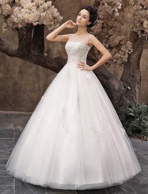 White Ball Gown Jewel Neck Beading Floor-Length Bridal Wedding Dress_3