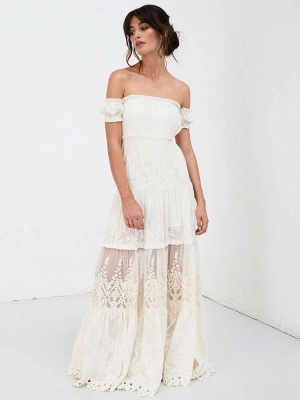 Boho Wedding Dress 2021 Lace Off The Shoulder A Line Floor Length Lace Bridal Gown_7