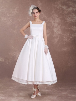 White Wedding Dresses Short Vintage Bridal Dress 1950'S Satin Straps Bow Sash Tea Length Rockabilly Wedding Reception Dress Exclusive_3