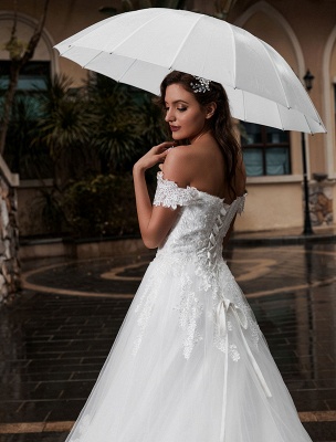 Princess Wedding Dress Off-The-Shoulder Short Sleeves Natural Waist With Train Bridal Dresses_6