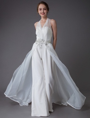 Ivory Wedding Jumpsuits Halter V Neck Rhinestones Backless Culottes Bridal Dress Exclusive_1