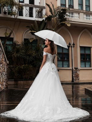 Princess Wedding Dress Off-The-Shoulder Short Sleeves Natural Waist With Train Bridal Dresses_4
