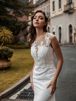 Vestidos de novia de boda Cuello joya Sin mangas Cintura natural Botones Tren de la corte Vestidos de novia Exclusivo_3