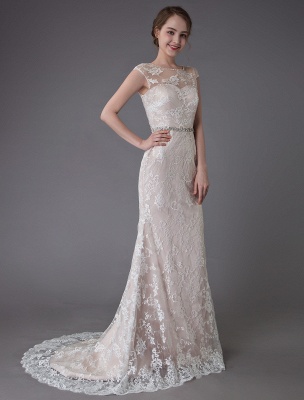 Robe de mariée en dentelle Champagne bijou sans manches dos nu robe de mariée sirène plage avec train exclusif_6