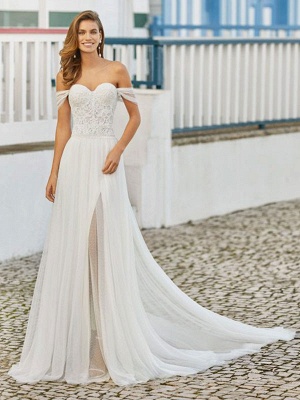 Wedding Dresses With Train A-Line Floor-Length Sleeveless Beaded Sweetheart Neck Bridal Gowns_1