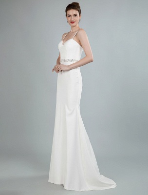 Robe de mariée simple gaine col en coeur manches longues robes de mariée perlées avec train exclusif_3