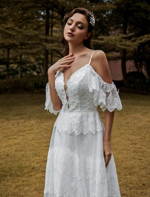 Robe de mariée bohème dentelle A-ligne col en V taille naturelle robe de mariée perlée_5