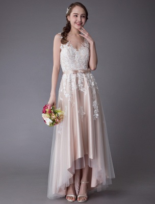 Lace Wedding Dresses High Low Bow Sash Tulle Applique Summer Beach Colored Bridal Gowns Exclusive_2