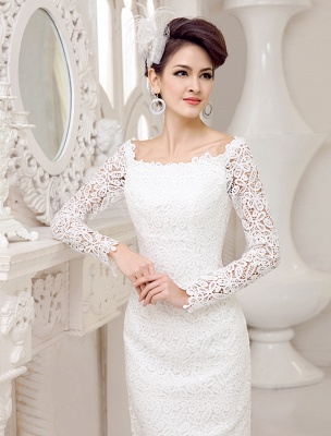 Short Simple Wedding Dresses 2021 Lace Long Sleeve Slit Ivory Knee Length Bridal Reception Dress Exclusive_5
