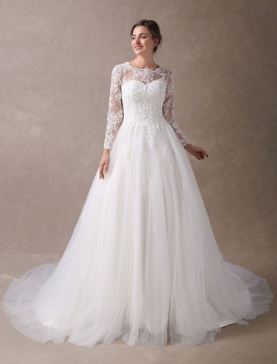 Wedding Dresses Princess Ball Gowns Ivory Long Sleeve Lace Applique Beading Chapel Train Bridal Dress Exclusive_2