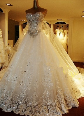 Wedding Dresses Lace Applique Bridal Gown Strapless Sweetheart Neckline Beaded Cathedral Train Wedding Gown_1