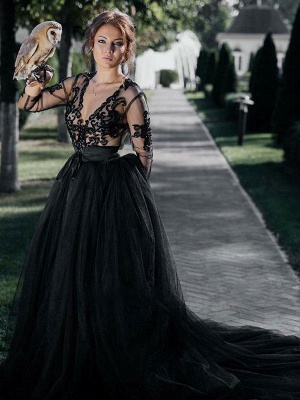 Black Wedding Dresses Tulle A-Line V-Neck Long Sleeves Backless Natural Waist Lace Royal Train Bridal Gown_4